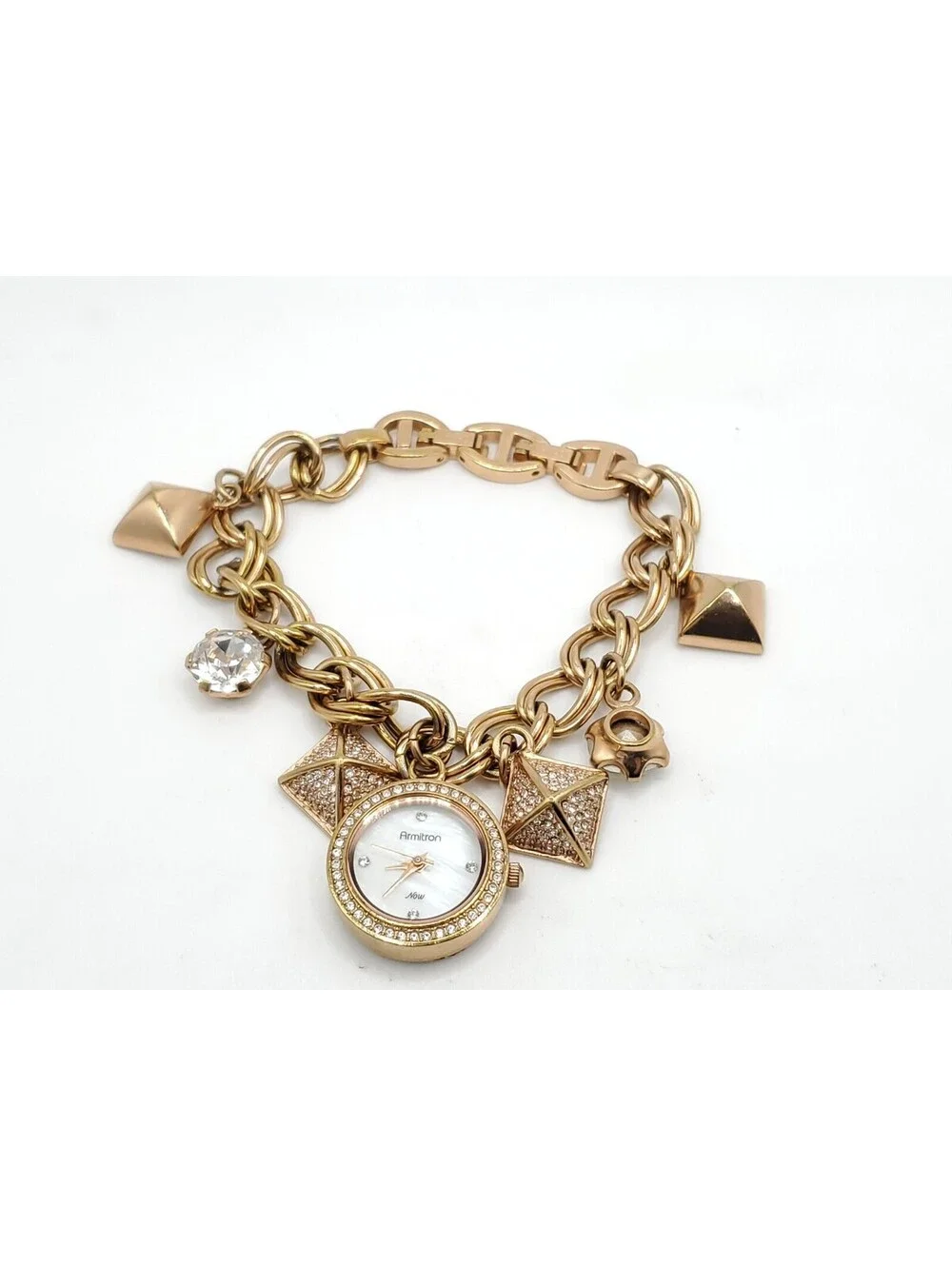 Armitron Now Rose Gold Tone Charm Watch New Battery MOP White Dial 22mm